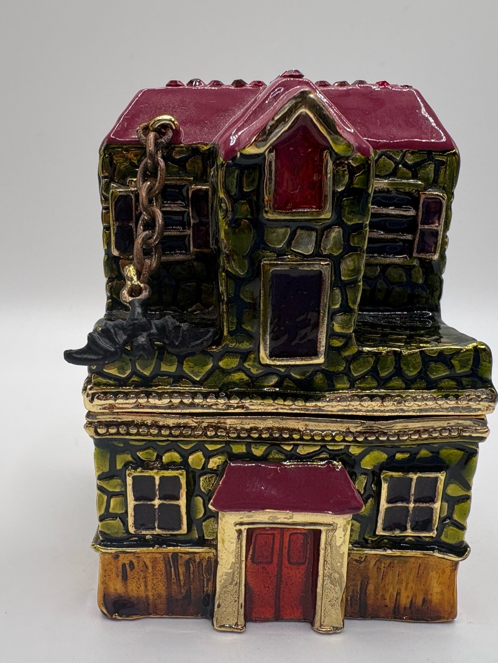 Work of Art Halloween Haunted House Trinket Box Enameled Hinged Bat Charm 3”
